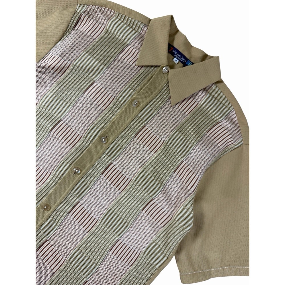 Michael Irvin Playmaker Knit Button Up Shirt Mens Medium Tan Striped Y2K